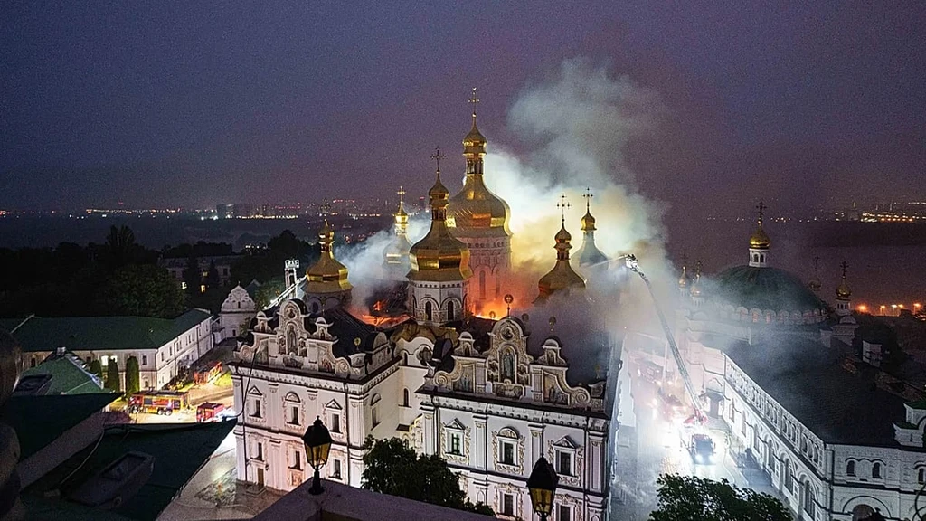 Russian Missile Barrage Kills Nine, Engulfs Kyiv Cathedral
