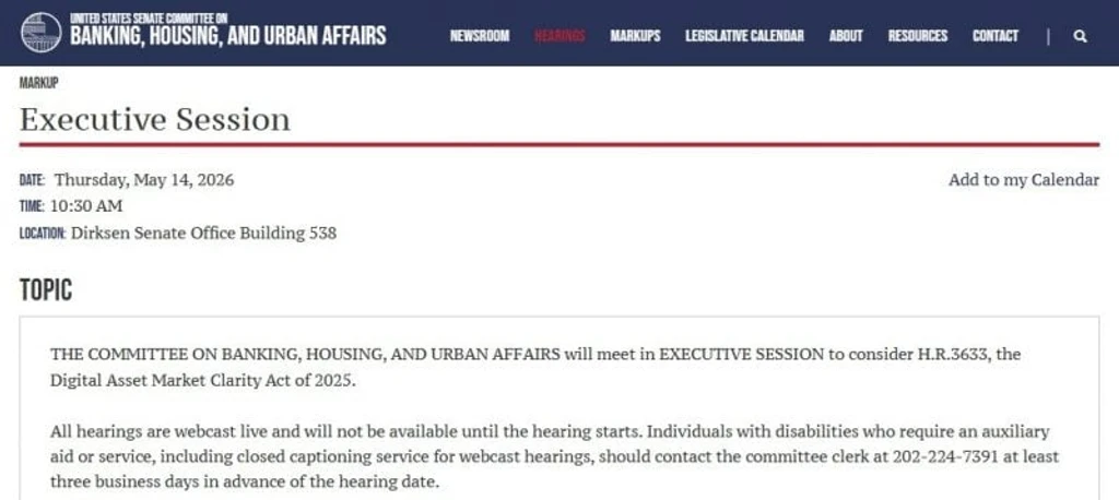 Senate Banking Committee Moves Crypto Clarity Bill to May 14 Markup